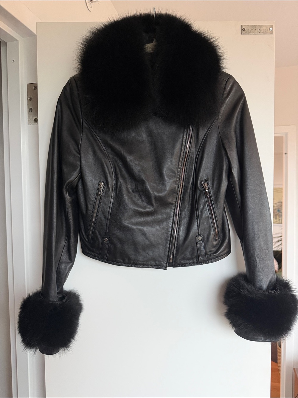 Black Genuine Leather Jacket with Real Fur Trim - Women's Coat
